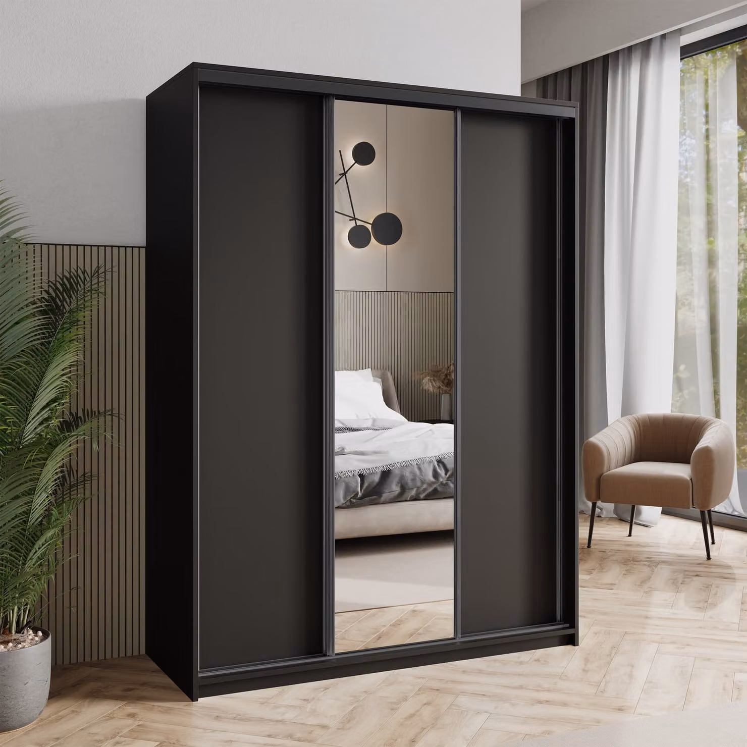 Armadio scorrevole Masseno TAVI 150/205/60 cm Armadio con cassetti Armadio per camera da letto a 3 ante con specchio Nero + Nero