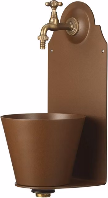 Fontana da parete per giardino Belfer 42/PR in metallo color ruggine con rubinetto e design vintage L: 50 cm, H: 25 cm, P: 23 cm – 1