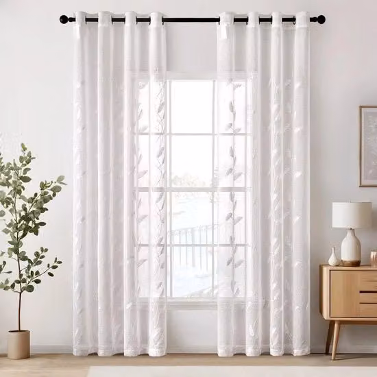 Set di tende a voile trasparente - Disegno foglie - Bella decorazione a maglia - Finestre moderne - H 160 x B 140 cm - Bianco, Set a 2 pezzi