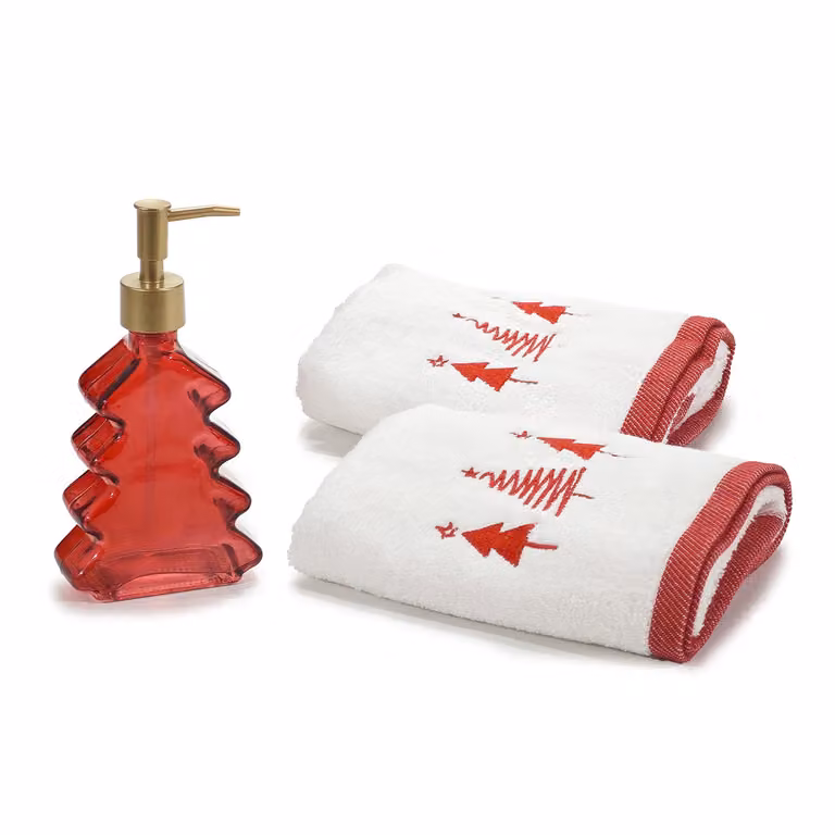 Set di 2 Asciugamani e Dispenser Natalizio Vestiamo Casa in Cotone Bianco con Ricamo
