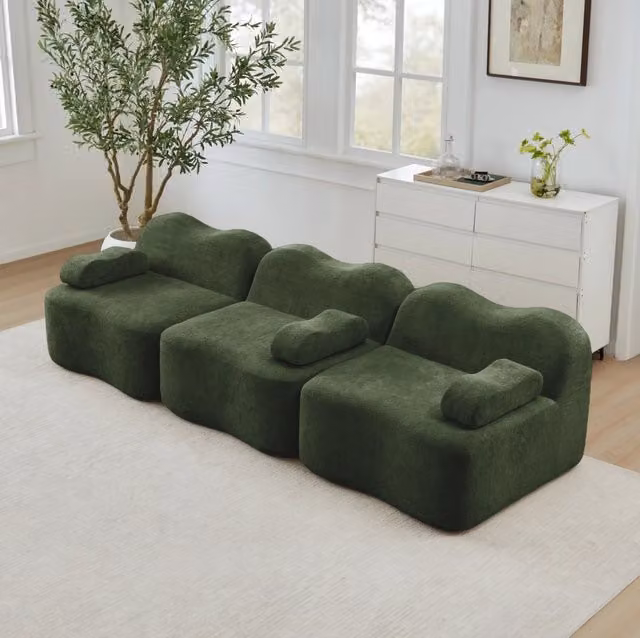 Divano modulare ULEVR 288x98x70 cm in velluto verde, imbottitura in schiuma 32D, con pouf collegabile