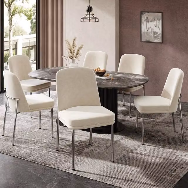 Set 6 Sedie da Pranzo ¨C Minimal ¨C Beige in Velluto, Gambe in Metallo, Stile Moderno, Imbottite