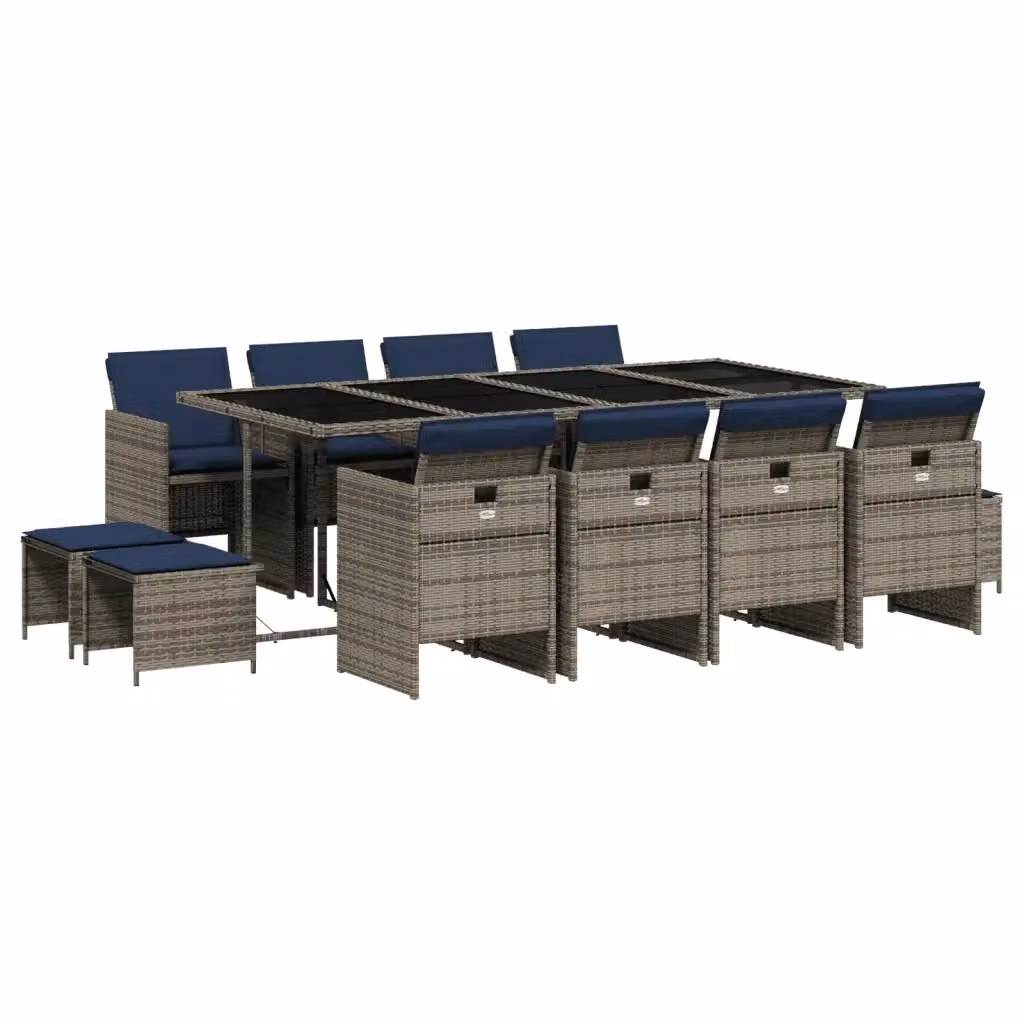 Set da pranzo da giardino vidaXL in polyrattan con cuscini e piano in vetro, 13 pezzi, Grigio – 2