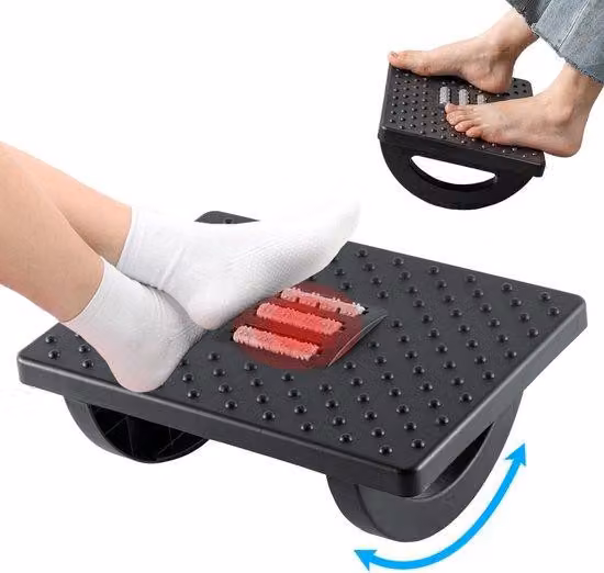 Uniqoos® Poggiapiedi ergonomico in ABS, dimensioni 34 x 25 cm – Poggiapiedi per ufficio e scrivania con punti di massaggio, rotelle e 4 piedini antiscivolo