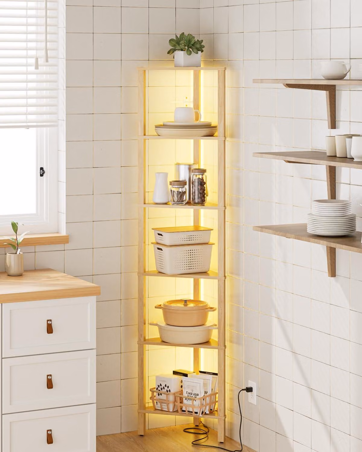 Scaffale a ripiani a forma di triangolo, con 6 livelli, illuminazione a LED, in legno di quercia, dimensioni 37x27x150 cm
