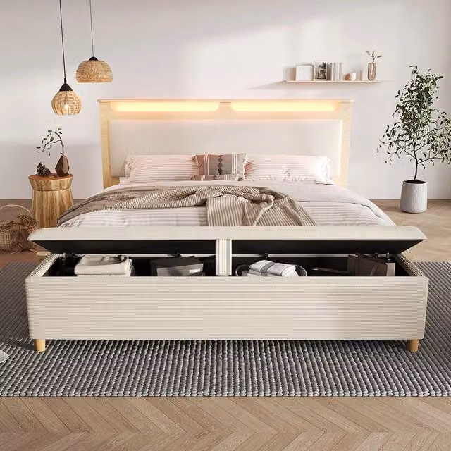 Letto matrimoniale-Xylo-140x200 cm-con banquette, LED, velluto beige, quercia chiaro