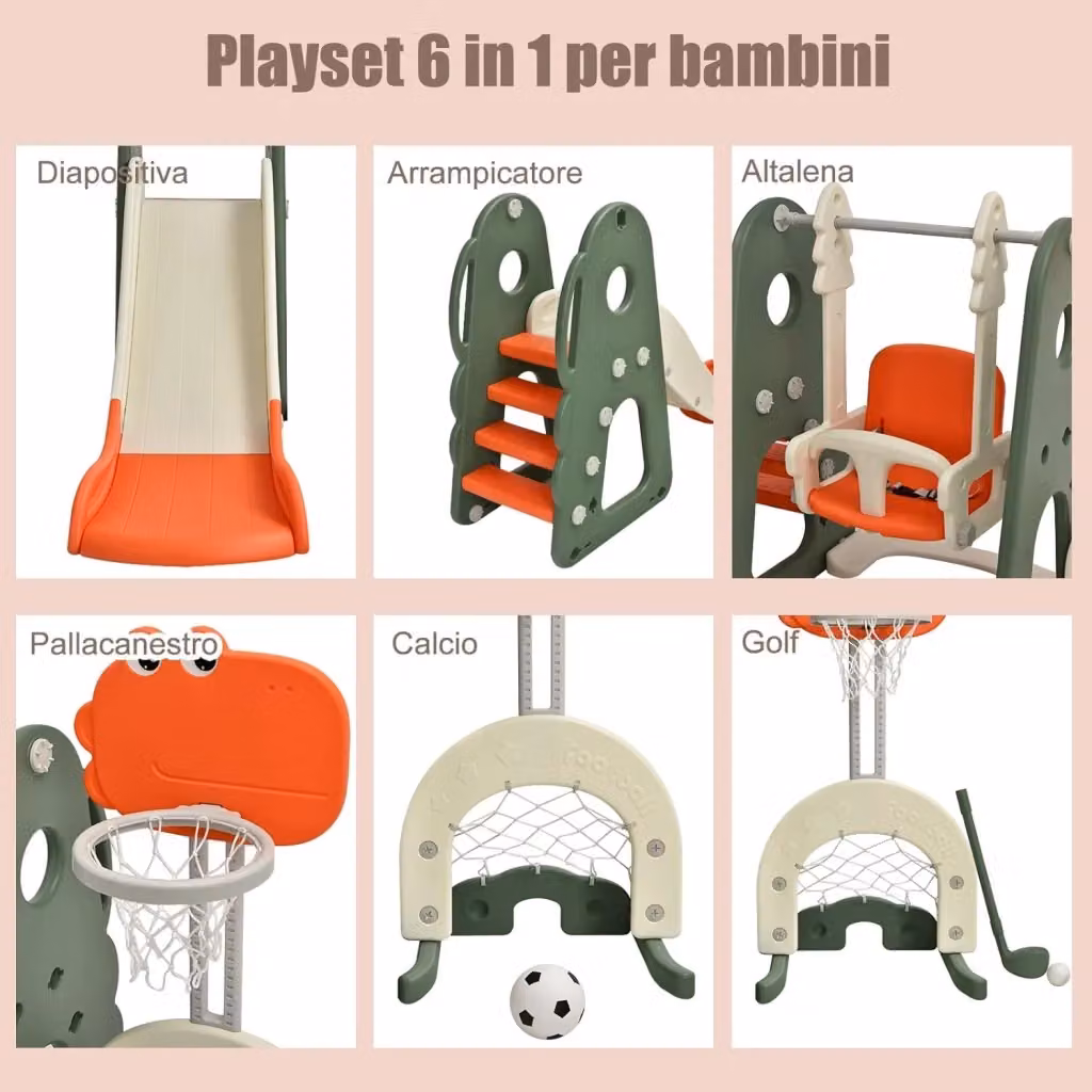 Costway Set 6 in 1 Parco Giochi per Bambini con Altalena, Scivolo, Canestro da Basket e Golf, Arancione, L: 182 cm, P: 172 cm, H: 120-108 cm – 2