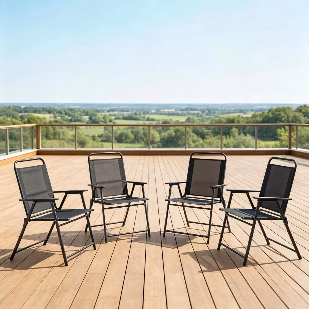Set di 4 sedie pieghevoli da giardino FOLYNA in textilene nero con braccioli e struttura in acciaio, L: 65 cm, P: 60 cm, H: 94 cm – 2