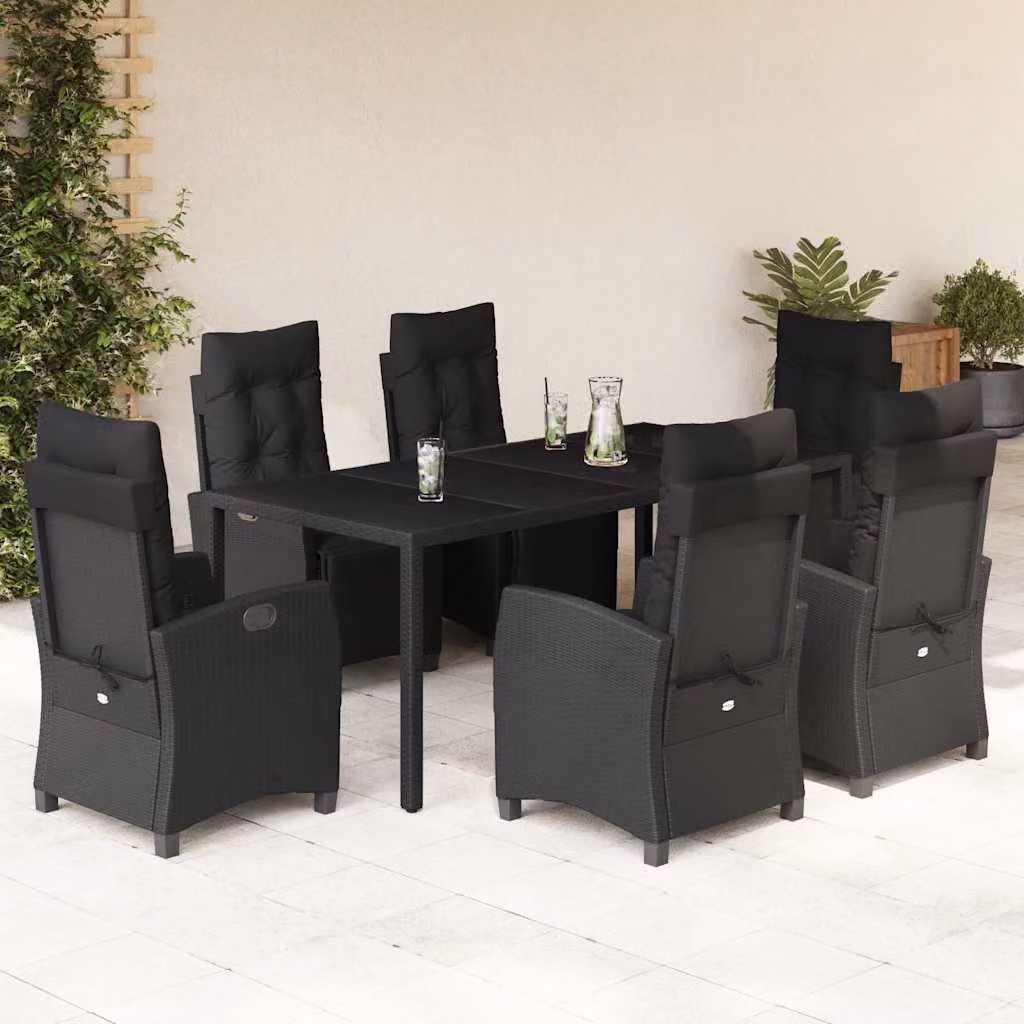 Set da Pranzo da Giardino vidaXL 7 pz in Polyrattan Nero con Piano in Vetro – 1