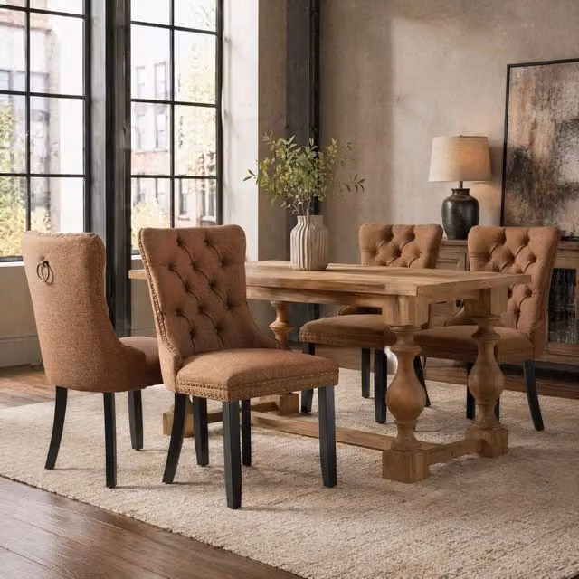 Sedia da sala da pranzo moderna OKWISH in tessuto marrone con gambe in legno