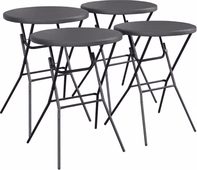 Set di 4 tavoli alti pieghevoli Sweeek in acciaio e plastica, colore grigio opaco, design moderno e rotondo per giardino, terrazza o cucina