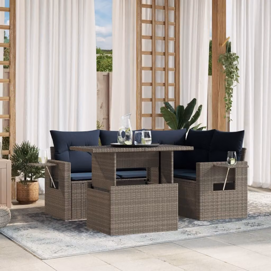 Set di divani da giardino vidaXL in polyrattan grigio con cuscini e tavolino da esterno a forma di L