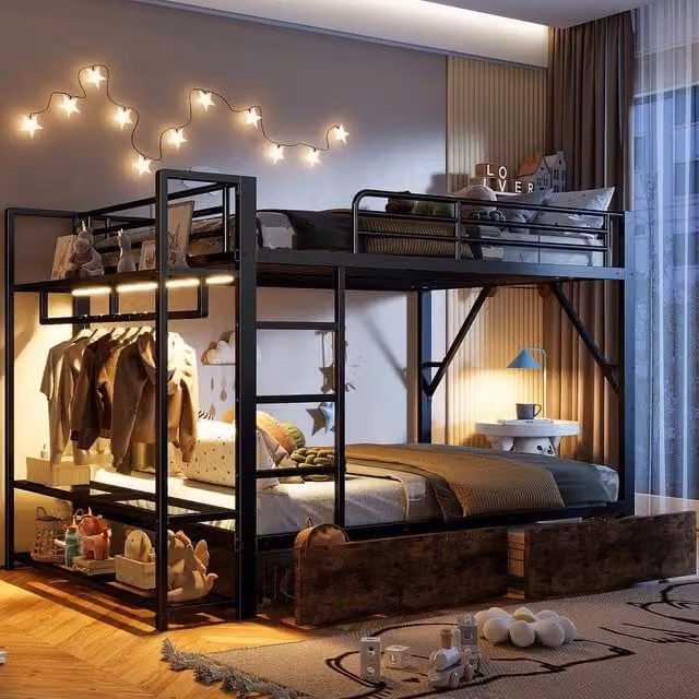 Letto a Castello 140x200 ¨C Xylo ¨C Nero, Metallo, LED, Cassetti, Rete Inclusa