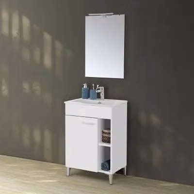 Mobile bagno a terra Martha Inbagno bianco lucido con armadietto specchio e illuminazione LED L: 60 cm, P: 39 cm, H: 85 cm