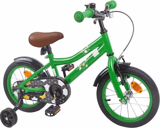 Bicicletta per bambini da 16 pollici verde con componenti in metallo e gomma