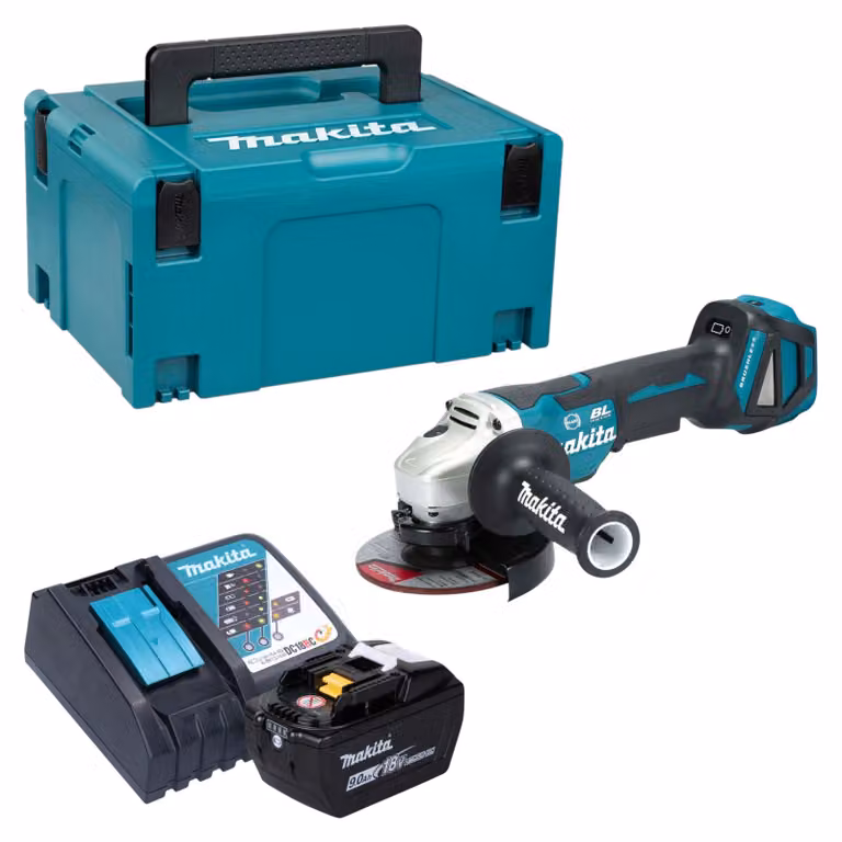 Smerigliatrice angolare a batteria Makita DGA 517 Z 18 V 125 mm Brushless + 1x batteria 9,0 Ah + caricabatterie + Makpac