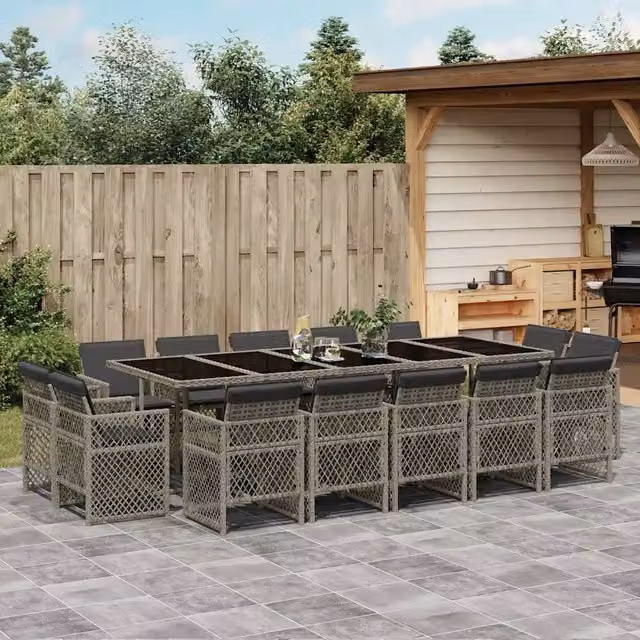 Set da Pranzo da Giardino 15 pz con Cuscini Grigio Polyrattan 3210872