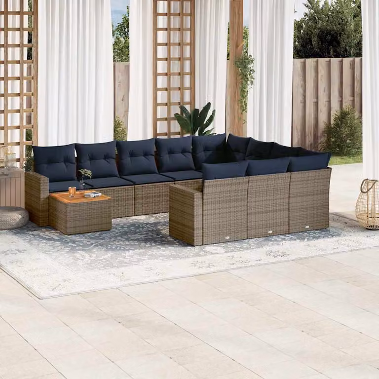 vidaXL Set Divani da Giardino a L 11 pz in Polyrattan Grigio con Cuscini e Tavolino