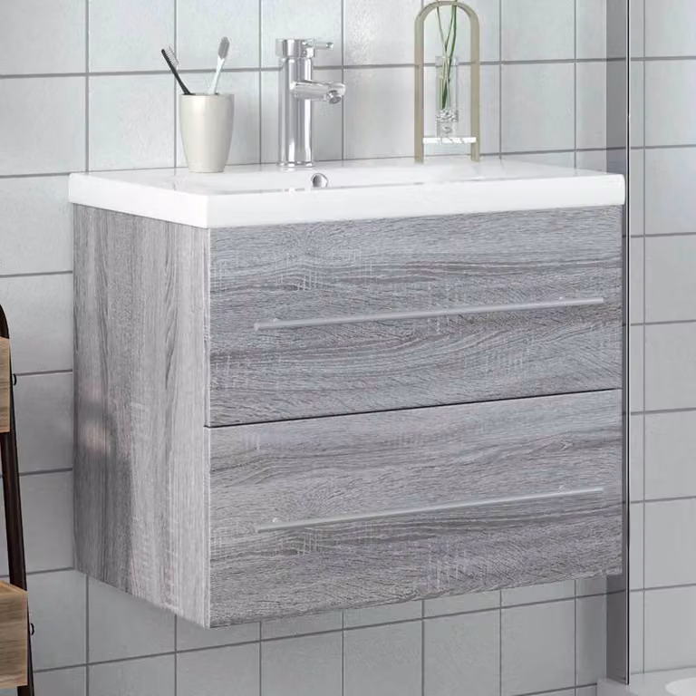 Mobile da bagno sospeso vidaXL con lavabo in ceramica Grigio Sonoma e Bianco, L: 60,0 cm, P: 38,5 cm, H: 48,0 cm