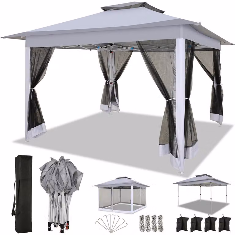 Gazebo da giardino 3x3 metri, impermeabile, stabile, a montaggio rapido, con zanzariera e tetto a doppia falda, colore grigio