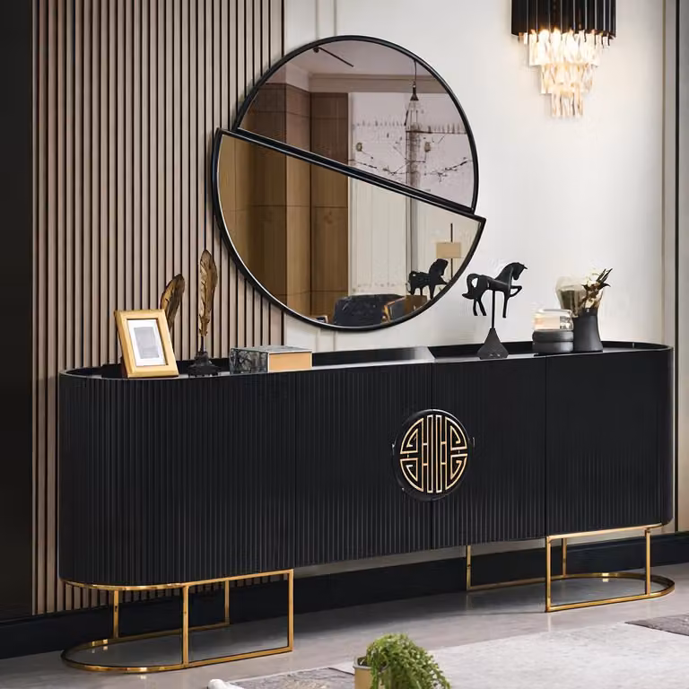 Set di credenze moderne con specchio e dettagli dorati