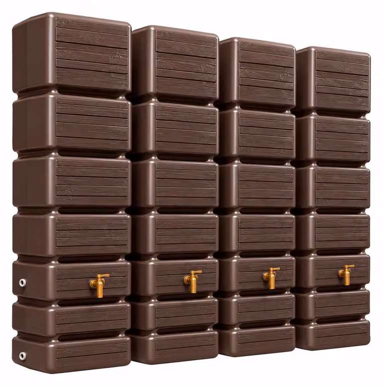 Set completo per serbatoio a parete 4rain SLIM WOOD DECOR da 1400 litri, finitura darkwood, 4 serbatoi SLIM da 350 L con set di collegamento, rubinetto di scarico in plastica e raccordo per tubo di scarico