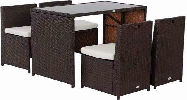 Set Mobili da Giardino 5 Pezzi in Polyrattan con Tavolo in Vetro e 4 Sedie con Cuscini Marrone e Cachi Resistente per Terrazzo Balcone