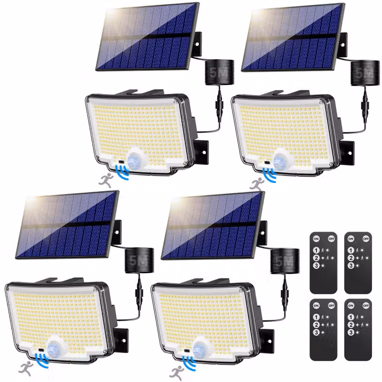 Lampada solare da esterno con 310 LED, 3 modalità, angolo di illuminazione di 270°, con telecomando, confezione da 4 pezzi.