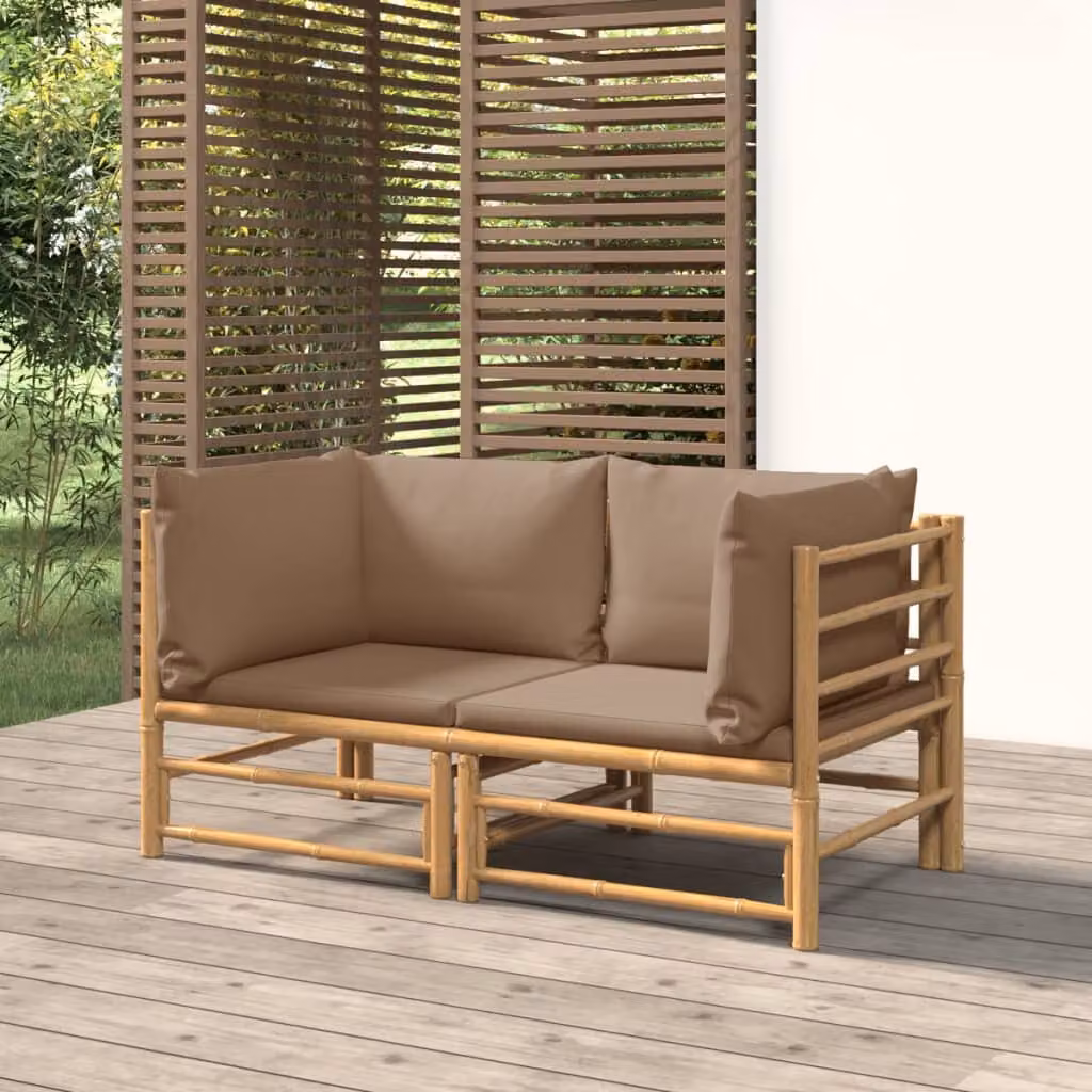 Set di 2 Divani Angolari da Giardino vidaXL in Bambù con Cuscini Beige e Marrone