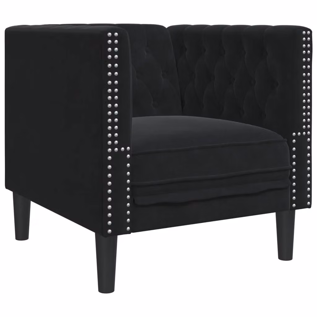 Poltrona Chesterfield nera in velluto vidaXL con struttura in legno massiccio e braccioli – 2