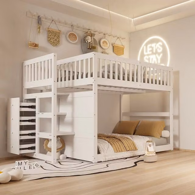 Letto a castello ¨C Minimal ¨C bianco 140x200cm in legno con vano contenitore recinto di sicurezza