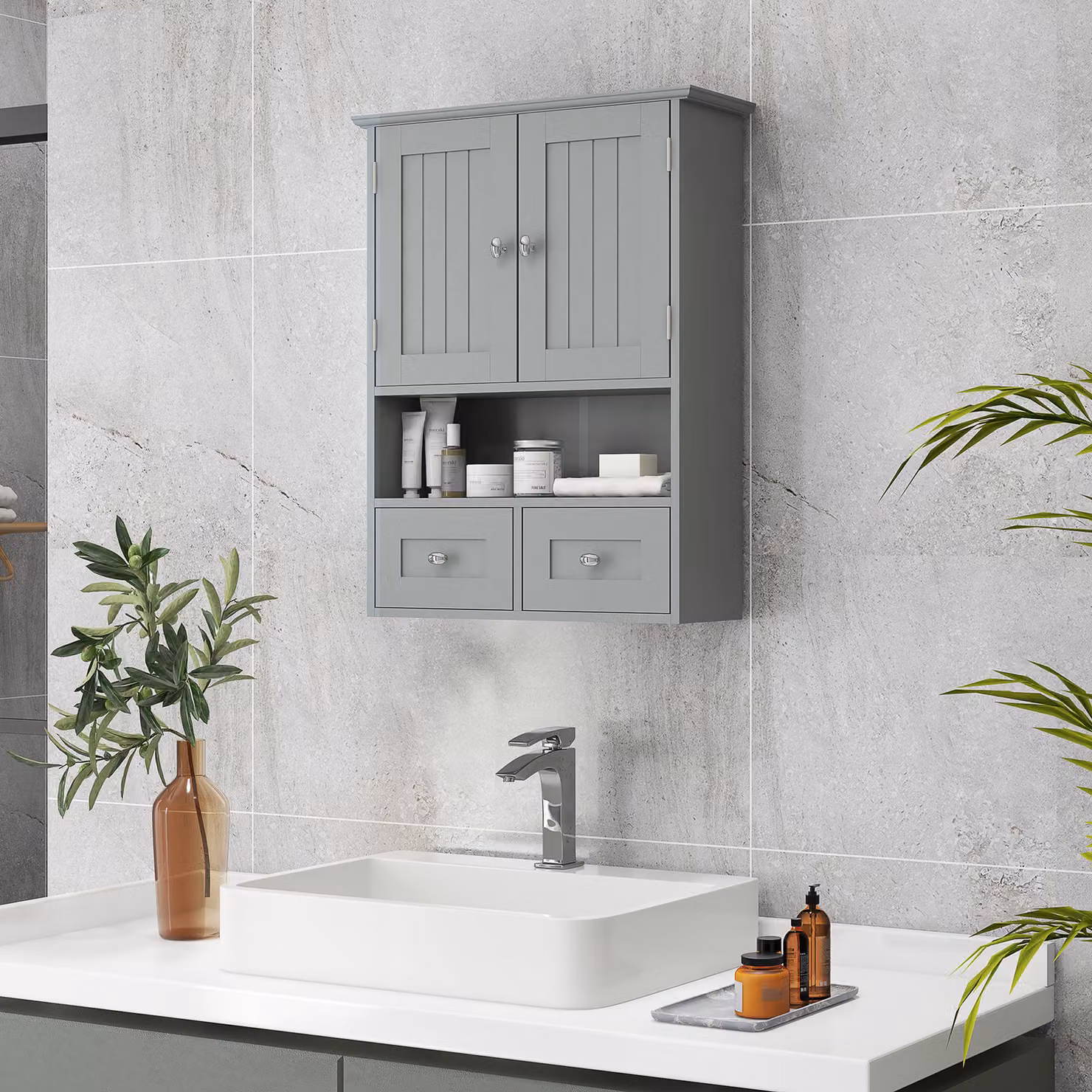 Mobile bagno da parete kleankin con ante, mensola e 2 cassetti, Grigio, L: 50,8 cm, P: 17,8 cm, H: 66 cm – 2