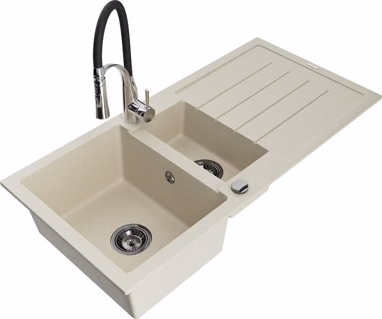 Mexen Andres lavello in granito 1,5 vasche con gocciolatoio e rubinetto da cucina Aster, beige - 6515-69-73450-07-B