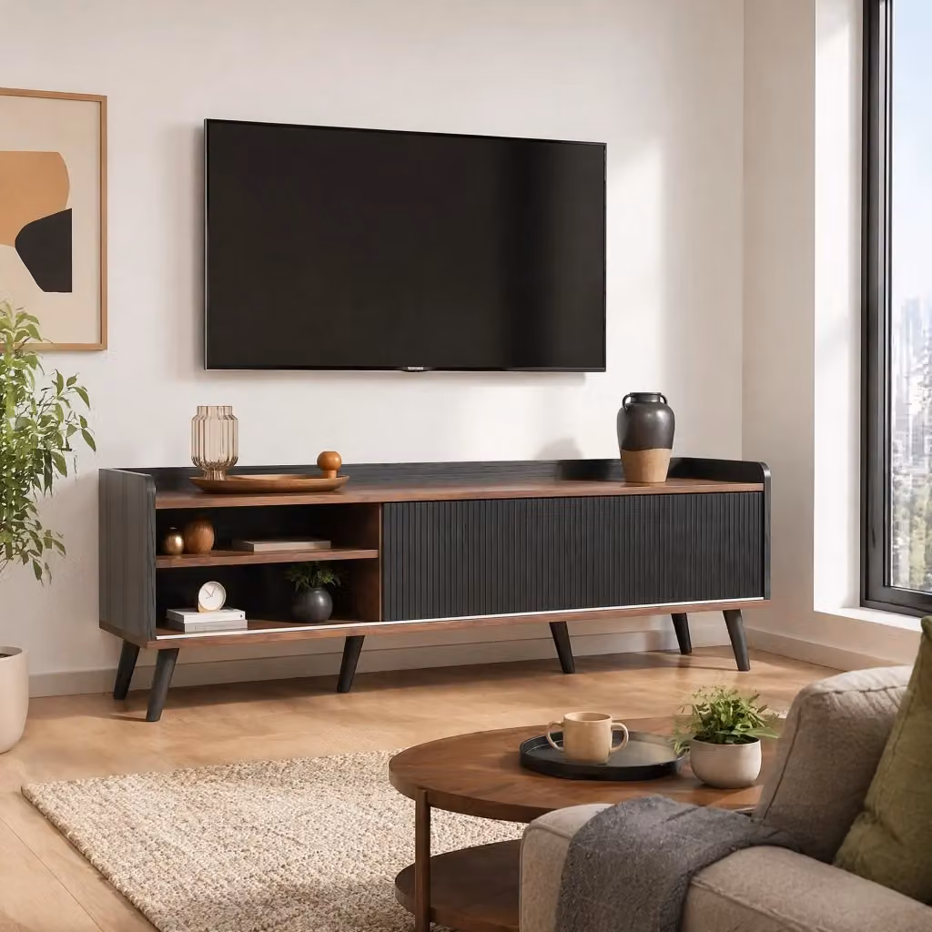 Mobile TV REDOM moderno con 2 cassetti e 2 ante scorrevoli, Nero effetto legno, L: 160 cm, P: 40 cm, H: 58 cm – 2