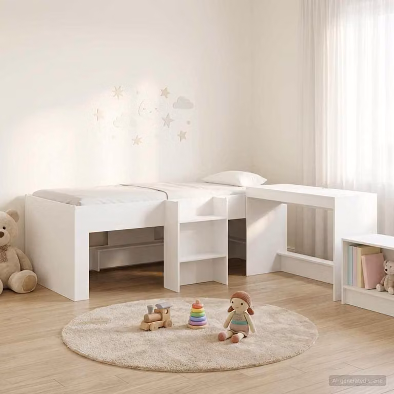 Letto a soppalco esclusivo con scrivania per bambini, confezione da 2 pezzi, bianco, realizzato in legno composito