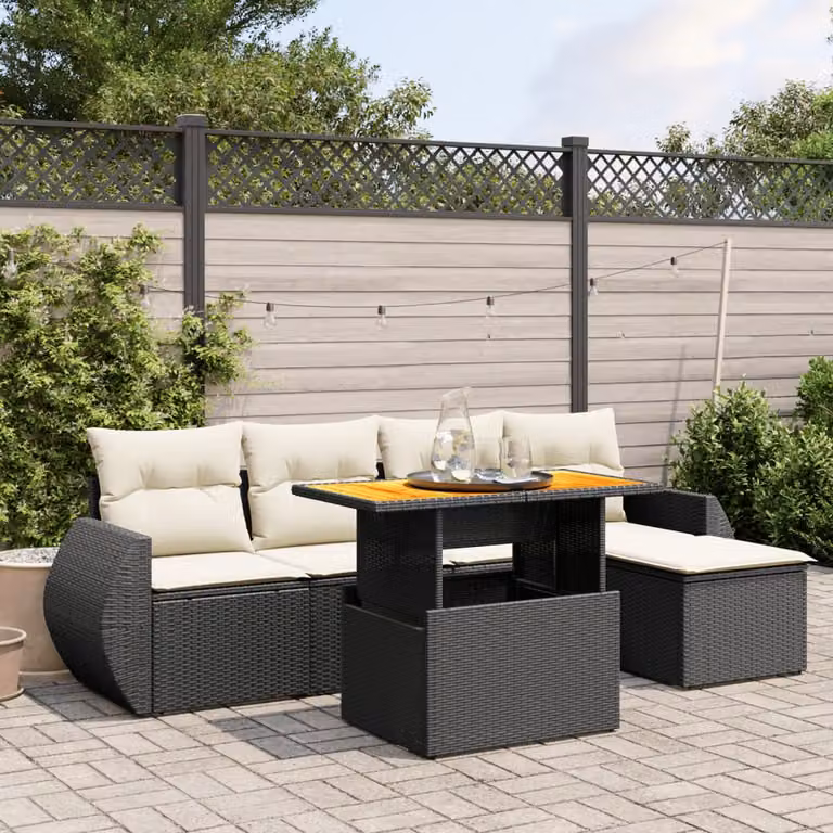 vidaXL Set Divano da Giardino 6 pz a L con Cuscini Nero in Polyrattan e Tavolino da Esterno
