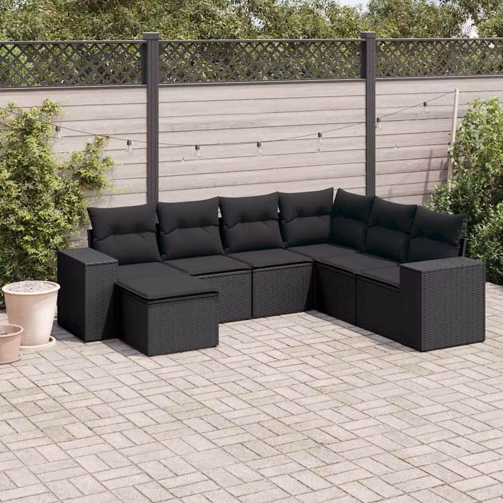 vidaXL Set Divani da Giardino a L con Cuscini 7pz Nero Polyrattan – 1