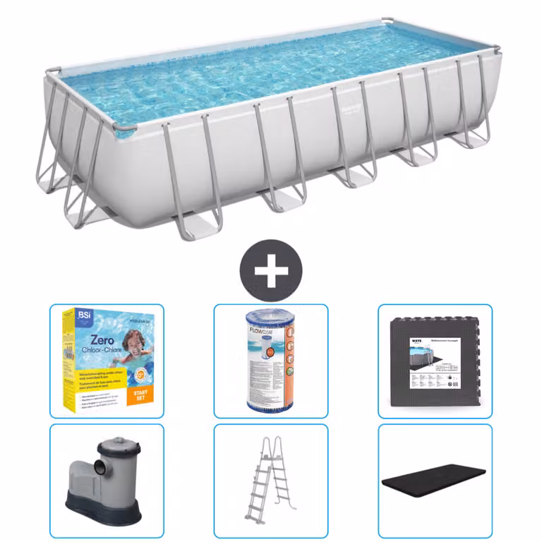 Piscina rettangolare Bestway Power Steel - 640 x 274 x 132 - Grigio - compresa pompa - scaletta - copertura pacchetto manutenzione - filtro - pavimento in piastrelle