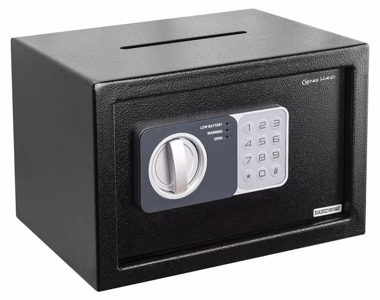 Cassaforte con serratura elettronica a combinazione e chiave – Capacità: 8,5 litri – Acciaio al carbonio – Colore: nero