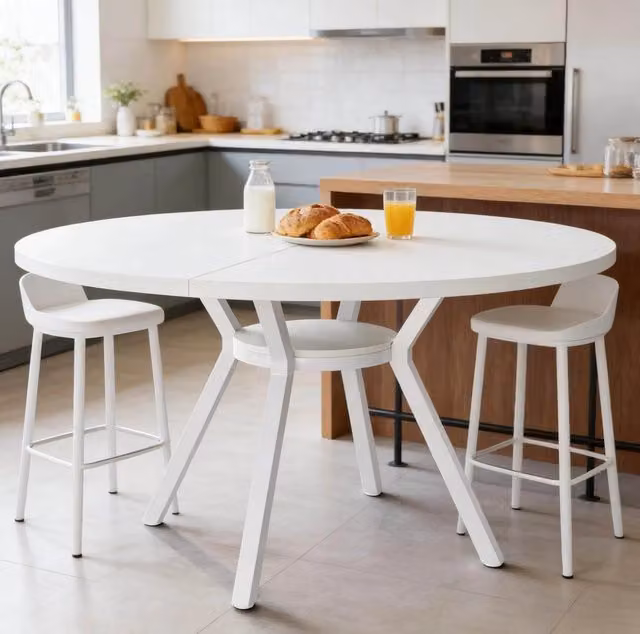 Tavolo da pranzo rotondo 119;4 cm bianco in metallo e legno; per 4-6 persone