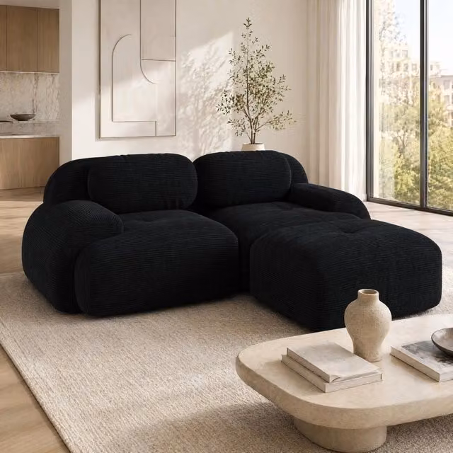 Divano angolare modulare MIVRAY in velluto a coste nero con schiuma ad alta densità e braccioli curvi L/P/H: 208 x 145.45 x 70 cm