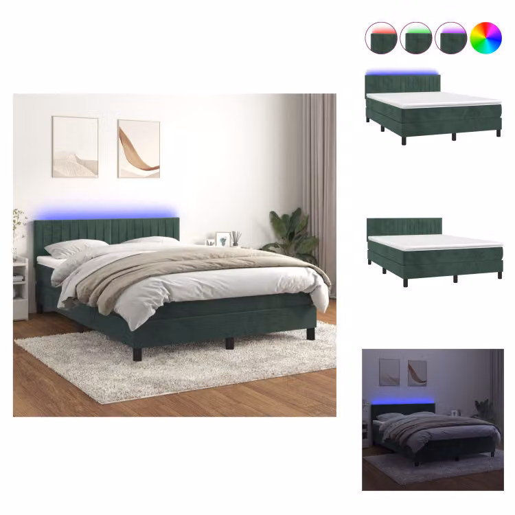 vidaXL Letto a molle con materasso e LED in velluto verde scuro 140x190 cm - Letti & strutture letto