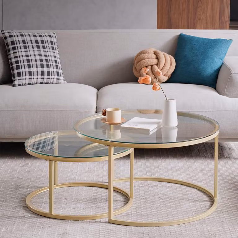 Set di tavolini da salotto, design nidificato, vetro dorato, composto da 2 pezzi, dimensioni 80x80 cm e 60x60 cm