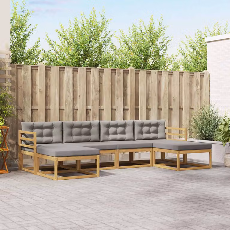 Set di divani da esterno vidaXL a forma di L composto da 6 pezzi in legno di acacia con cuscini in tessuto bianco e grigio