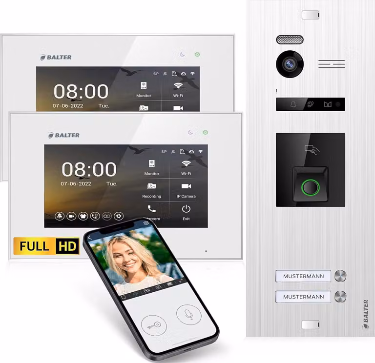 Videocitofono HD con impronta digitale RFID e app per smartphone per casa bifamiliare, 2x monitor, Balter EVO HD Fingerprint