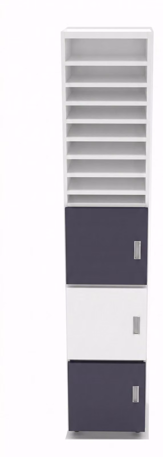 Moderno armadio a scaffali con eleganti ante bianche e grigio scuro