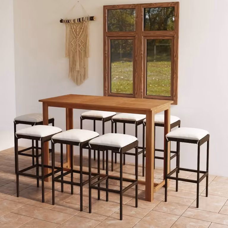 The Living Store Set bar da giardino 9 pezzi con cuscini marrone