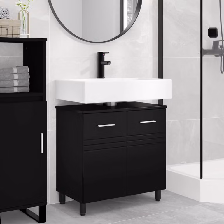 vidaXL Mobiletto da bagno moderno in MDF nero con ante a cerniera L: 60 cm, P: 35 cm, H: 60 cm