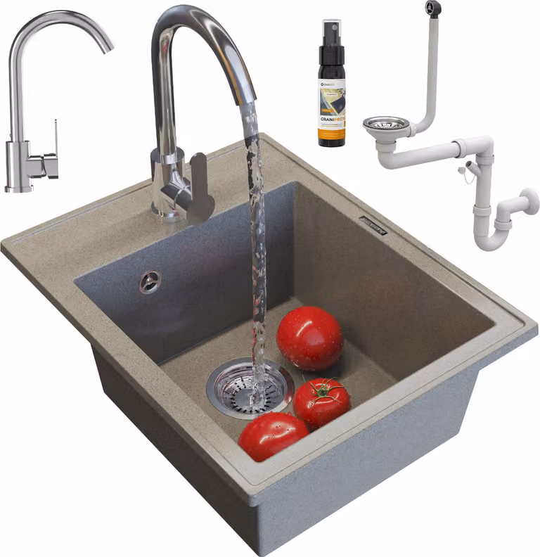 Granitan - Lavello in granito - Lavandino 50x40 cm - Lavello cucina beige - con miscelatore - NERO