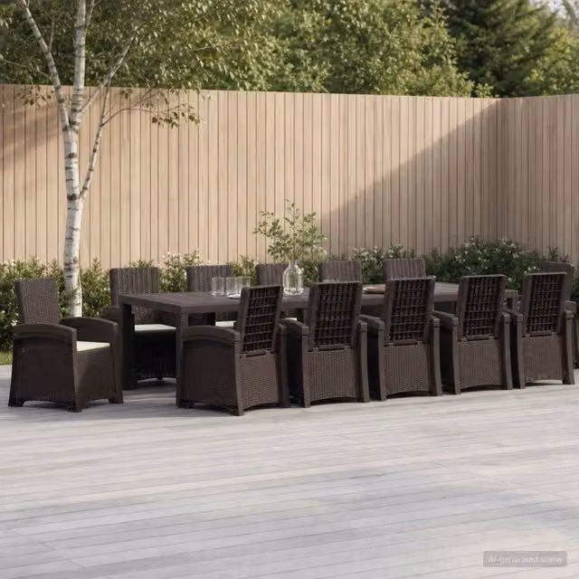 Set da pranzo da giardino moderno vidaXL in polyrattan marrone e beige, 14 pezzi